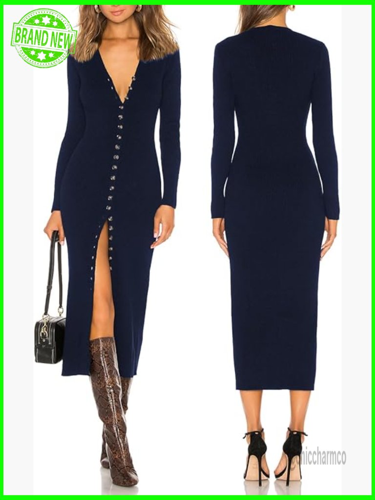 Long Sleeve Maxi Dress V-Neck Button Down Bodycon Knit Casual